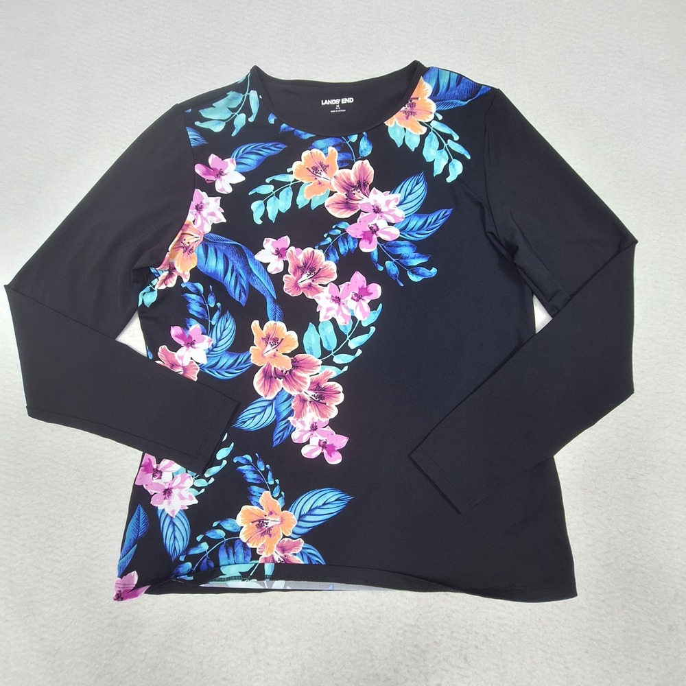 Lands End Rash Guard Womens Medium Black Floral Long Sleeve Swim Top UV Shirt